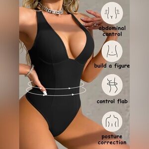 Black bodysuit with built-in control flab, abdominal control, and figure control